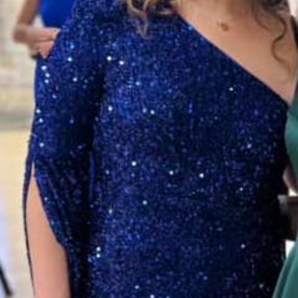 One Shoulder Royal Blue Sequin Floor-Length Dress with Slit and Cape Sleeve